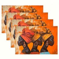 4pcs Vibrant African-Inspired Linen Placemats, 12x18  - Colorful Geometric Patterns with Elegant Headscarves & Earrings Design, Perfect for Kitchen, 4PCS beige