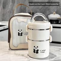 ZISIZ 304 Stainless Steel Panda Insulated Lunch Box with Bag white