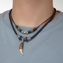 Vintage Style Alloy Cross Love Arrow Wolf Tooth Pendant Tibetan Silver Beaded Waterproof Wax Line Leather Rope Men's Necklace gray
