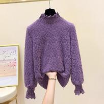 Women's Fall/Winter Plus-Size Fleece-Lined Lace Undershirt—Solid Color, Semi-High Neck, Slimming and Warm Layering Top 3XL violetinė
