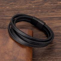 Punk Men Multilayer Genuine Leather Bracelet Black Stainless Steel Magnetic Buckle Bracelet Gifts Homme Pulseras 19cm juoda