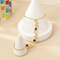 Minimalist Metal Leaf Green Cubic Zirconia Finger Chain Bracelet Dainty Gold Tone Ring to Wrist Jewelry for Women white