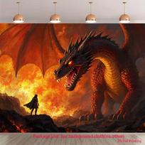 2D Fantasy Fire Dragon Tapestry Epic Knight vs Dragon Art Banner 82.7x59inch/210*150cm black