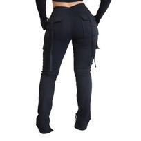 Women's Fashion Cargo Pocket Drawstring Waist Casual Pants - Split Hem High Waist Tapered Trouser XXL juoda