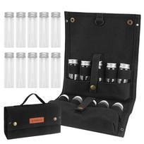 TOMSHOO Portable Spice Bag with 10 Spice Jars Canvas Seasoning Storage Bag Organizer Seasoning Bottle Holder with Condiment Bott white