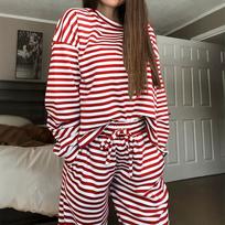 Women'S Spring Autumn Striped Pajama Set, Double-Pocket Long Pants, Decorative Drawstring Design, Contrast Round Neck S white