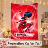 Custom Personalized Tapestry,Miraculous Ladybug Print Custom Name Text Wall Art Hanging for Bedroom 150cmx200cm red