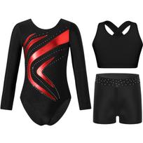 Girls Stage Gymnastics Costume Long Sleeve Round Neck Metallic Leotard Cross Back Vest and Rhinestone Waistband Shorts Set 13-14 Years black