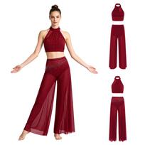 Women 2 Piece Stage Dance Wear Halter Neck Rhinestone Crop Top Sleeveless with Wide Leg Pants Elastic Waistband Built-in Underwear for Performance S brown