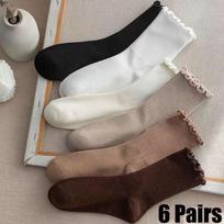 6 Pairs Ruffled Middle Tube Socks Women's Breathable Solid Color Set Black White Coffee Beige Loose Pile Socks Sweat-Absorbing One Size black