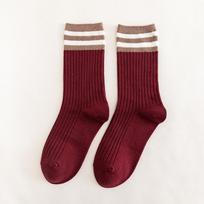 Naujos moteriškos japoniško retro stiliaus dryžuotos frotinės kojinės - Rudens ir žiemos, Kolegijos stiliaus, Medvilninės, Vidutinio ilgio Without Packaging vyno raudonos spalvos