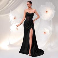 Europe and the United States new sexy tube top slim perspective fishbone evening dress high split fork trailing banquet advanced dress L