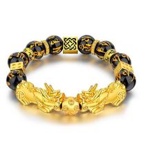 Obsidian Pixiu Bracelet The Fierce Beast In Chinese Folk Mythology Sand Gold Wealth Fortune Bracelet For Men Women Jewelry 18 yellow