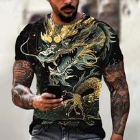Summer casual dragon T-shirt men's fashionable 3D animal print, plus size short sleeved street T-shirt 6XL black