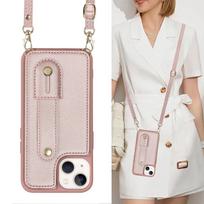 Crossbody Neckband Lanyard Wristband Wallet Leather Case for iPhone 16 Pro Max 15 Plus 14 11 12 13 XS SE 2022 Cards Holder Cover For iPhone 15Pro rožinio aukso spalvos