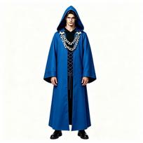 Halloween Gothic Hooded Robe Costume With Chain Detail Medieval Wizard Priest Cosplay Outfit Party XXL blue