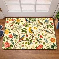 Vintage Floral Bird Berry Branch Door Mat Non Slip Entrance Doormat Retro Garden Peony Daisy Flower Pattern Floor Rug 43X120CM