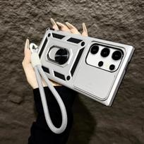 Šarvuotas magnetinis laikiklio dėklas Samsung Galaxy S25 S24 S23 S22 S21 Ultra Plus su dirželiu, slankiojančiu kameros apsaugos, smūgiams atspariu dangteliu For Galaxy S25 Ultra&Case & Strap sidabras
