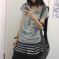 KOSY  Harajuku Print T Shirt Women Short Sleeve Y2k Vintage Tops Patchwork Graphic Tops American Retro 90s Streetwear Tshirt S gray