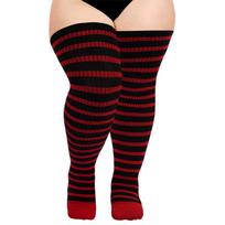 Women Large Size Thigh High Socks for Thick Thighs Halloween Christmas Knitted Striped Over Knee Stockings Leg Warmers Without elastic buck juoda-raudona