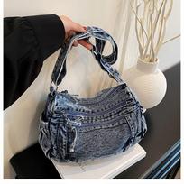 Women's Large Capacity Denim Crossbody Bag - Trendy Retro Shoulder Bag for Casual and Commute One Size mėlyna