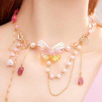 Versatile Holiday Style Sweet & Spicy Butterfly Necklace with Faux Pearl Tassels for Women rožinė
