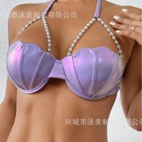 Moterų levandų spalvos metalizuotas kriaukės formos bikini viršus su perlamutro grandinėle vietoj petnešėlių S violetinė