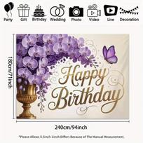 2D Purple Orchid Gold Vase Happy Birthday Backdrop for Women Girls Party 47.2x31.5inch/120*80cm gray