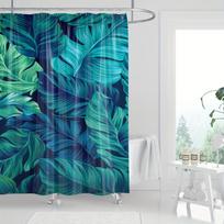 Tropical Leaf Print Shower Curtain - Vibrant Green & Blue, Polyester, Machine Washable, Includes Hooks, All-Season Use W60H190(CM)-1 Pcs blue