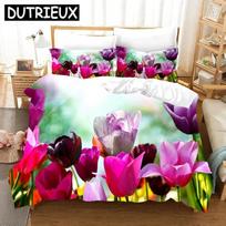 Pink Tulip Elegant Flower Scenery Comfortable Duvet Quilt Cover Pillowcase Bedding Set Children Bedroom Decoration Home Textile EU Single 135*200cm/53x79in 3pcs beige