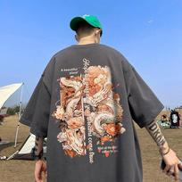 Year of The Dragon, Honmei Year Printed Short Sleeve T-Shirt, Men's Summer National Tide Print, High Street Loose 4XL beige
