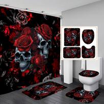 4Pcs Shower Curtain Set with Non-Slip Bath Mat, Toilet Lid Cover, Contour Rug & 12 Hooks, Bathroom 4Pcs gray