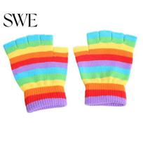 Winter Gloves 1 Pair Students Half Finger Knitted Colorful Rainbow Stripe Stretchy Comfortable Girls Keep Warm Super Soft Autumn Women Writing Gaming įvairiaspalvis
