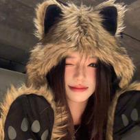 Plush Balaclava Cap Windproof Collar Bonnet Bear Cap Cute Warm Pullover Snood Hat  Autumn Winter brown