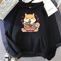 New Cute Shiba Inu Ramen Print Pullover Fashion Women Long Sleeve Casual Hooded Sweatshirt Autumn Winter New High Quality Hoodie L black