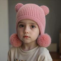 Fall Winter Wear Bear Ear Beanie Double Pom Pom Earflap Beanie Cozy Kids Knit Hat  Cold Weather rožinė