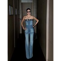American retro Spice Girl Denim Suit Women's Summer Design Tub Top High Waist Wide Leg Pants Skinny Two-piece Set XL gray