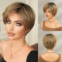 Synthetic Golden Brown Wig for Women Daily Party New Trend Natural Blond Wigs with Bangs Ombre Bob Heat Resistant Fiber brown