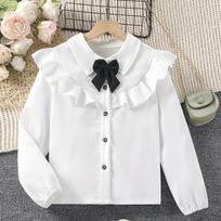 Kids Girls White Long Sleeve Bow Detail Turn Down Collar Casual Shirt 11-12Y white