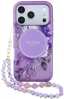 Dėklas Guess IML Flowers Pearl Strap MagSafe skirtas iPhone 18 Pro / 17 Pro violetinis