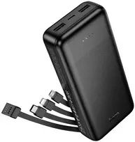 Išorinė baterija (Powerbank) Hoco 20000 mAh 2A su keturiais įmontuotais kabeliais USB A + USB C + Lightning + Micro USB J163A juoda