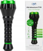 PNI Adventure F750 aliumininis žibintuvėlis su žalia šviesa, LED 10W, 500 lm, iki 850 m, IP44, komplekte 4000mAh baterija, įkrovimas per USB Type-C, žalia šviesa puikiai tinka medžioklei