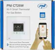 Išmanusis termostatas PNI CT25W WiFi dujiniam šildymo katilui, montuojamas į sieną, 16A, valdymas per „Tuya Smart“ programėlę, dieninis programavimas, rankinis/automatinis režimas, balta spalva