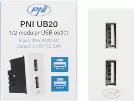 Dvigubas USB lizdas PNI UB20, 5V, 2.4A, modulinis, įmontuojamas, F tipo 1/2, stikliniam rėmeliui RM101W, RM202W