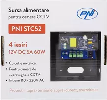 CCTV maitinimo šaltinis PNI STC52 12V, 5A, 60W, 4 išėjimai, metalinėje dėžutėje