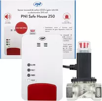 Dėžutė su 20bc PNI Safe House Dual Gas 250 rinkiniu su jutikliais 2 tipų dujoms: anglies monoksidui (CO) ir gamtinėms dujoms bei 3/4 colio elektromagnetiniu vožtuvu