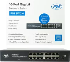 Šakotuvas PNI SW016 komutatorių rinkinys, 16 x 10/100/1000Mbps, Gigabit, metalinis korpusas ir 1.5m CAT8 patch laidas PNI U8015W