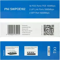 Šakotuvas POE komutatorius PNI SWPOE162, 16 POE 100Mbps prievadų, 2 UP Link 1000Mbps prievadai, 1 SFP 1000Mbps prievadas, 240W, AI Extend funkcija iki 250 m, 4kV apsauga nuo žaibo