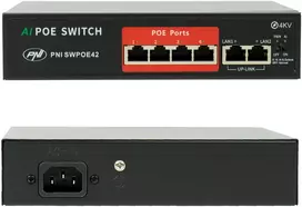 Šakotuvas POE komutatorius PNI SWPOE42, 4 POE 100Mbps prievadai ir 2 UP Link 100Mbps prievadai, 65W, AI Extend funkcija iki 250m, 4kV apsauga nuo žaibo