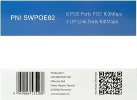 Šakotuvas POE komutatorius PNI SWPOE82, 8 POE 100Mbps prievadai ir 2 UP Link 100Mbps prievadai, 120W, AI Extend funkcija iki 250m, 4kV apsauga nuo žaibo